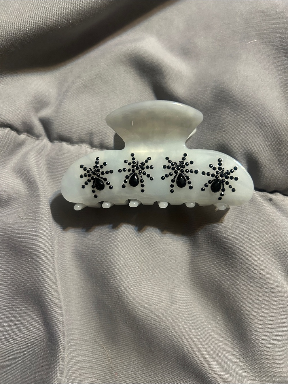 Vintage Style White Translucent Claw Hair Clip Black Rhinestone with spiders